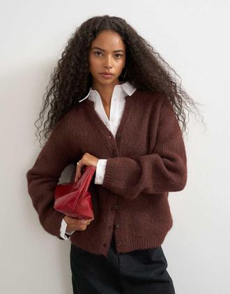 Topshop cardigan lavorato a maglia effetto peloso color cioccolato-Marrone