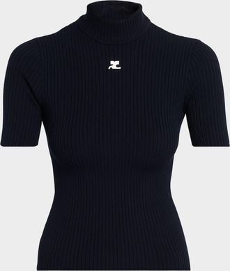 Courr&egrave;ges Mock-Neck Short-Sleeve Rib Pullover