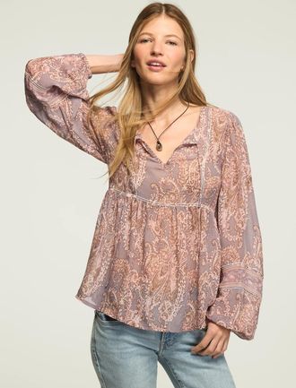 Lucky Brand Womens Long Sleeve Paisley Print Mix Peasant Top