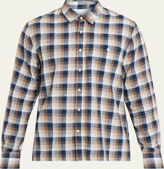 Officine G&eacute;n&eacute;rale Mens Younes Cotton and Linen Plaid Button-Down Shirt