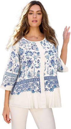 Roaman's Monique Printed Big Shirt in White Floral Border at Nordstrom, Size 24