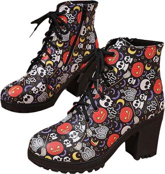 Generic Womens Halloween Print Ankle Boots Gothic High Heel Booties With Glow In Dark Bat & Pumpkin Designs 2026 Women Shoes Ladies Wellies (Black, 4)