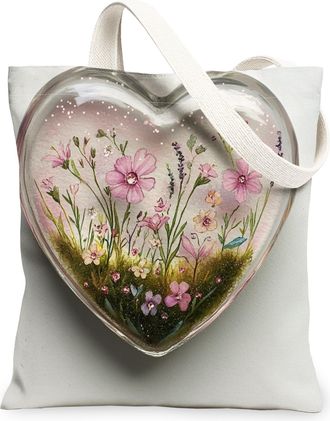 Generic Floral Heart Canvas Tote Bag, Vintage Flower Design Reusable Grocery Bags, Elegant Lightweight Washable Shoulder Strap Canvas Bags for Travel Beach Pi