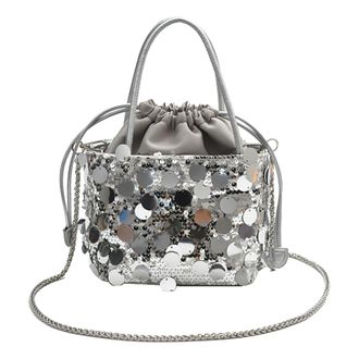 Generic Women Sequins PU Bucket Bag Drawstring Crossbody Bag for Daily Use (Silver)