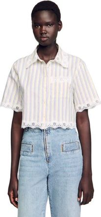 Sandro Striped Cropped Shirt in Ecru /Jean at Nordstrom, Size X-Large