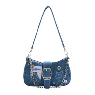 Generic ETOYA Star Embroidery Handbag Denim Shoulder Bag with Chain Y2K Underarm Bag (Blue)