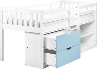 Beliani Letto Per Bambini In Legno Di Gomma 90 X 200 Cm Con Rete A Doghe Con Cassetti E Ripiani Bianco E Blu Susville