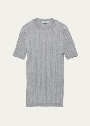 Prada Logo-Embroidered Cotton Ribbed Short-Sleeve Sweater