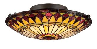 Netlighting West End 2 Light Flush Ceiling Light Vintage Bronze Tiffany Glass E27 in Brown