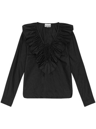 Ganni Blouse van biologisch katoen met ruches - Zwart