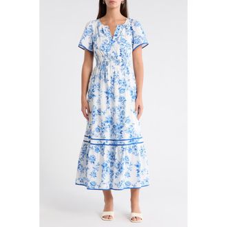 Sugarlips Punta Alta Ordy Smocked Midi Dress in White Blues at Nordstrom, Size X-Small