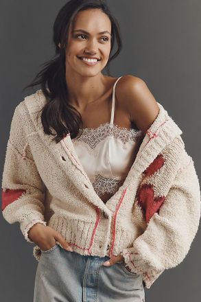 Pilcro Candy Heart Collared Long-Sleeve Cardigan Sweater