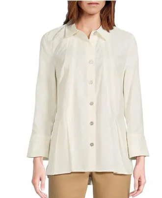 Multiples Cuffed 3/4 Sleeve Button Front Tucked Shirt In White
