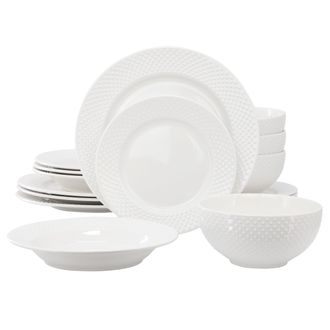 Elama Kim 16 Piece Hobnail Double Bowl Porcelain Dinnerware Set in White