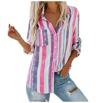 Generic Patchwork Shirt Womens Vertical Stripe Blouses Shirts Casual Button Down Shirts Long Sleeve Blouse Lapel Neck Shirt Loose Collared Blouses Top Multico
