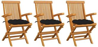 vidaXL Vidaxl - Sillas De Jard&iacute;n 3 Uds Madera Maciza De Teca Con Cojines Negros