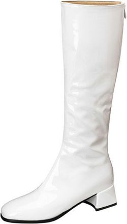 Generic Womens Low Block Heel Knee High Boots with Square Toe with Side Zipper for Autumn and Winter,White,6.5 UK