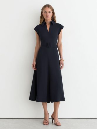 Reiss Navy Collared Belted Midi Dress, 16