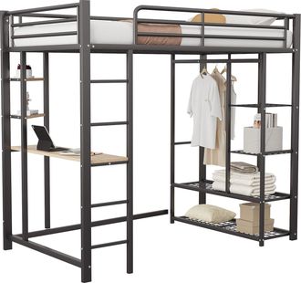 STILVORA Cama Alta Individual Con Escritorio, Armario Y Estantes, 90 &times; 200 Cm, Sin Colch&oacute;n, Metal, Negro