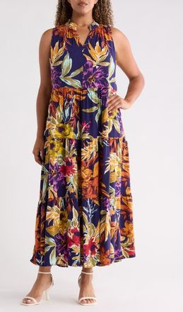Vince Camuto Print Sleeveless Tiered Maxi Dress in Classic Navy at Nordstrom, Size 1X