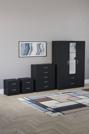 Home Discount Vida Designs 4Pc Bedroom Set 2x2Bedside, 5 Drawer, 3Dr Mirror Wardrobe in Black
