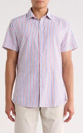 Rodd & Gunn Denby Crescent Stripe Short Sleeve Cotton & Linen Button-Up Shirt in Marine at Nordstrom Rack, Size Xx-Large