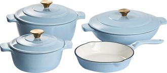 Beliani Bater&iacute;a De Cocina De 7 Piezas De Hierro Fundido Apto Para El Horno Compatible Con Todo Tipo De Placas Cocina Azul Claro Ferrano