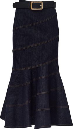 Self Portrait Indigo Denim Midi Skirt With Removable Belt And Mermaid Hem