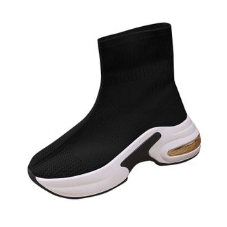 Generic Womens Knit Sock Sneakers With Air Cushion Platform Comfortable Slip-On Casual Shoes Ankle Boots For Women Comfortable Cushioned Sole Booties Fashion 