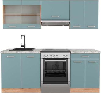 Vicco Mueble De Cocina R-line, Roble Azul-gris-dorado, 200 Cm, Et M&aacute;rmol