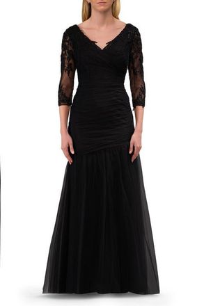 La Femme Tulle Evening Gown with Trumpet Skirt and Lace Illusion Sleeves in Black at Nordstrom, Size 20