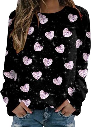 Generic Sweatshirt Womens Valentines Day Soft Jumper Cute Love Heart Patterned Loose Top Long Sleeve Crewneck Shirt Pink Ladies Teens Holiday Blouse Pullover 