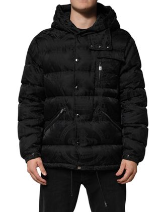 Dolce & Gabbana Mens Black Jacquard Quilted Puffer Hooded Jacket Nylon Clothing