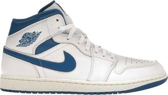 Nike Heren Air Jordan 1 Leren Mid Cut Sneakers (Wit/Blauw)