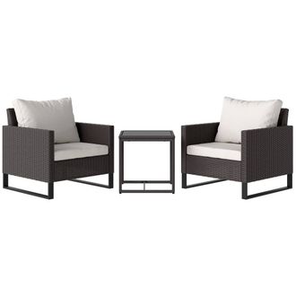 Matteo Brown Rattan 2-Seater Bistro Set - Glass Top Coffee Table & Cushions