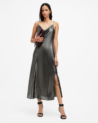 AllSaints Hadley Metallic Midi Slip Dress