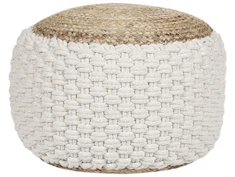 Beliani Pouf Ottomano Rotondo In Maglia Boho In Cotone E Iuta 50 X 35 Cm Bianco E Beige Aiza