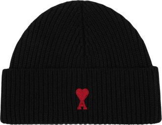 Ami Black Ami de Coeur Ribbed Wool Beanie