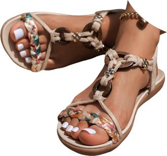 Generic Boho Sandals for women 2026 Dressy Summer Bohemian Flats Elastic Ankle Strap Walking Non Slip Beach Shoes Comfortable Wide Width Platform Wedge Heels 