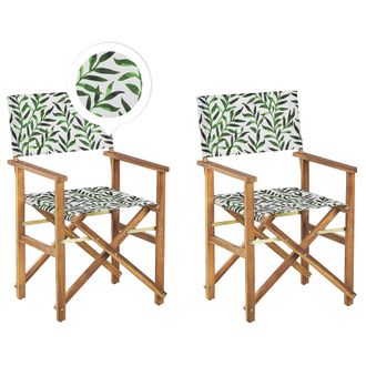 Beliani Conjunto De 2 Sillas De Jard&iacute;n De Madera De Acacia Clara Con Tela Verde Blanco Hojas Plegable Cine