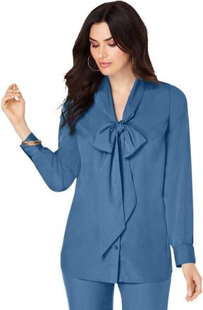 Roaman's Long Sleeve Bow Blouse in Dusty Indigo at Nordstrom, Size 30