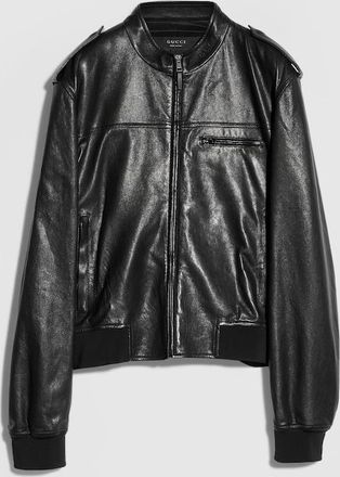 Gucci Grainy Nappa Leather Bomber Jacket, Size 48 IT, Black