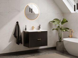 Vente-Unique Mobile per bagno sospeso con scanalature e lavabo da incasso 80 cm Nero - ZEVARA