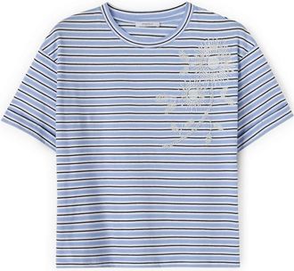 Motivi Gestreept T-shirt met bloemenborduursel - Dames - T-shirts - Blauw - S - Katoen - Tops