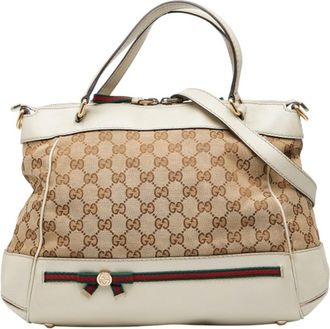 Gucci Beige Ivory Canvas Leather Shoulder Bag Tote Bag (Pre-Owned)