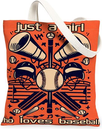 Generic Vintage Fun Canvas Tote Bags, Baseball Sports Pattern Reusable Grocery Bags, Lightweight Washable Shoulder Strap Canvas for, Orange, 13x15 Inch