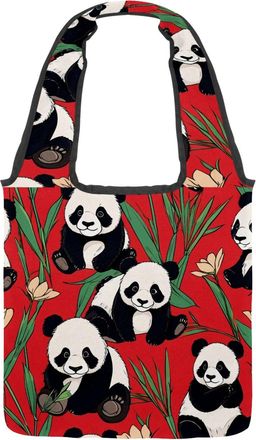 Generic Cute Panda on Red Reversible Canvas Shoulder Tote - Double-Sided Print, 12oz Cotton, 27cm Drop, Fold-Flat Bag for Travel, Shopping, Street Outings
