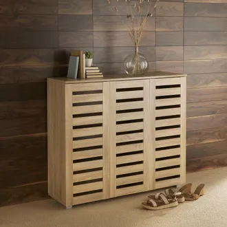 Home Source Industries Oslo 3 Door Shoe Storage Cabinet Unit Cupboard Slatted Doors in Light Oak