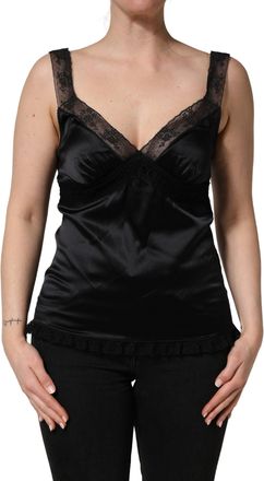 Dolce & Gabbana Womens Black Silk Lace Trim Camisole V-Neckline Tank Top