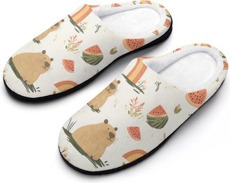 Generic Capybara Rainbow Floral Watermelon Mens Slippers Slip On Comfortable Fleece Cotton House Shoes Winter
